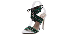 Green Blue White Studs Cross Straps Fringes Bohemian High Stiletto Heels Sandals Shoes