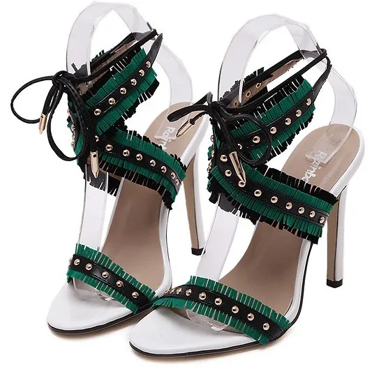 Green Blue White Studs Cross Straps Fringes Bohemian High Stiletto Heels Sandals Shoes