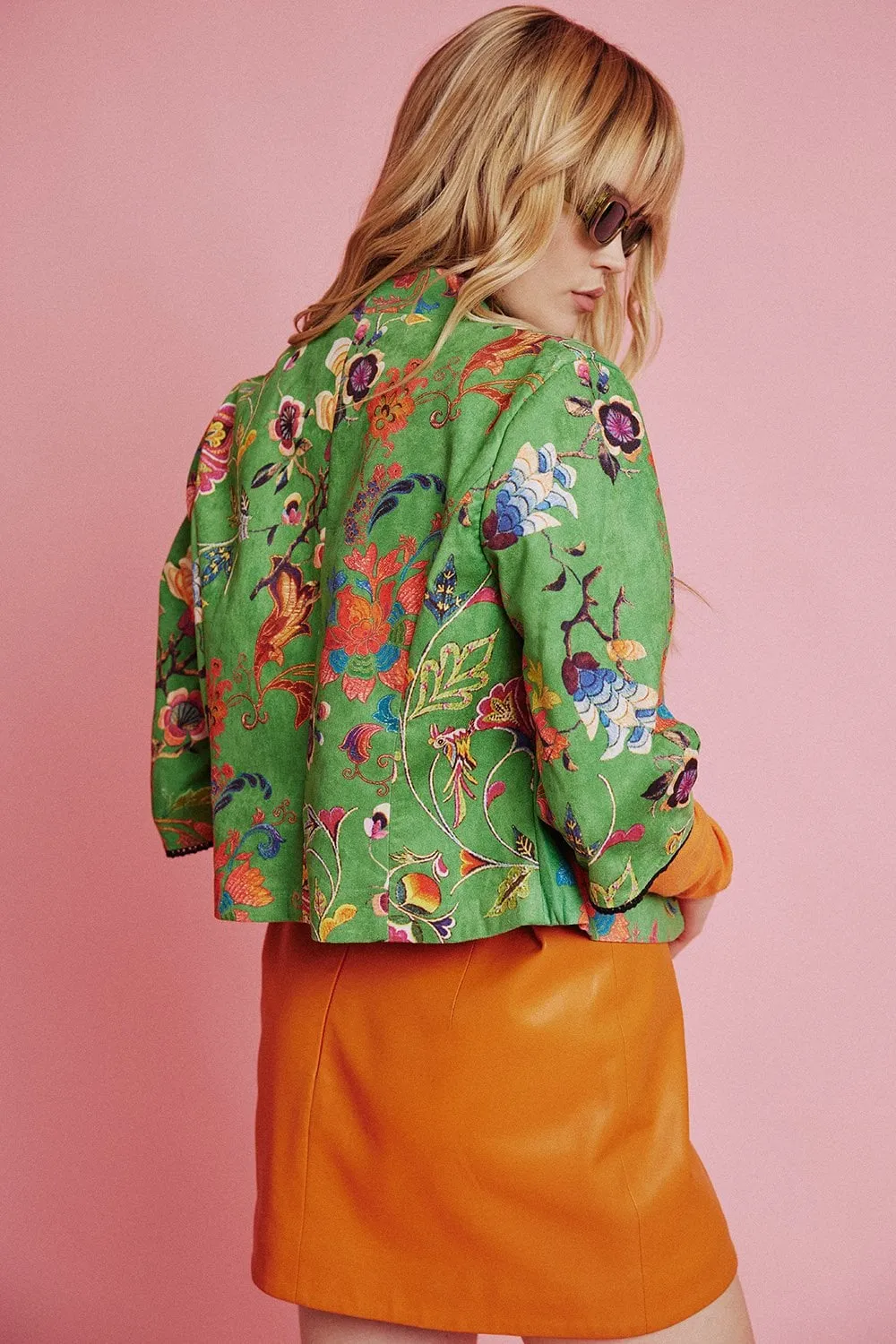 Green Faux Suede Floral Printed Jacket