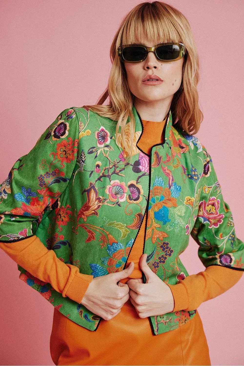 Green Faux Suede Floral Printed Jacket