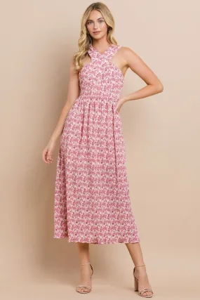 Halter Neckline Printed Pleated Midi Dress