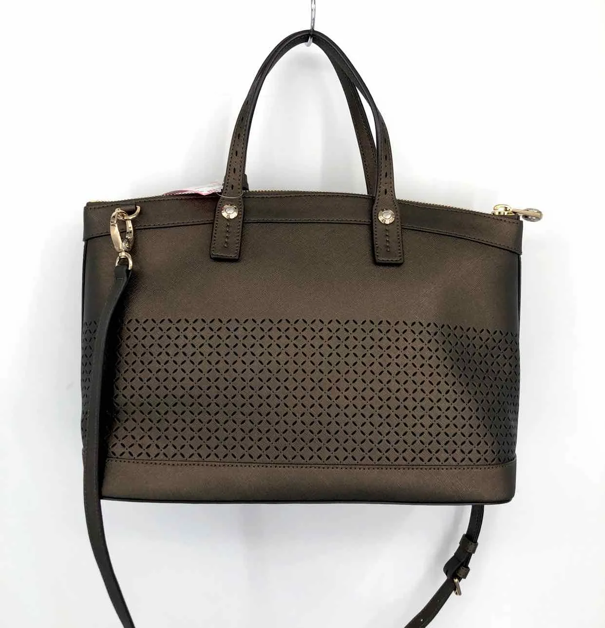 HENRI BENDEL Bronze Gold Perforated Satchel w/Crossbody Strap Purse