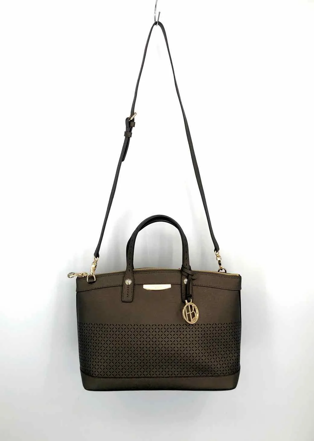 HENRI BENDEL Bronze Gold Perforated Satchel w/Crossbody Strap Purse