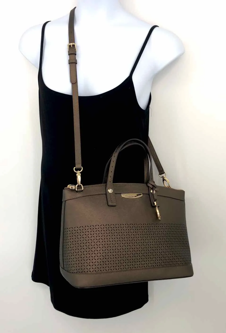 HENRI BENDEL Bronze Gold Perforated Satchel w/Crossbody Strap Purse