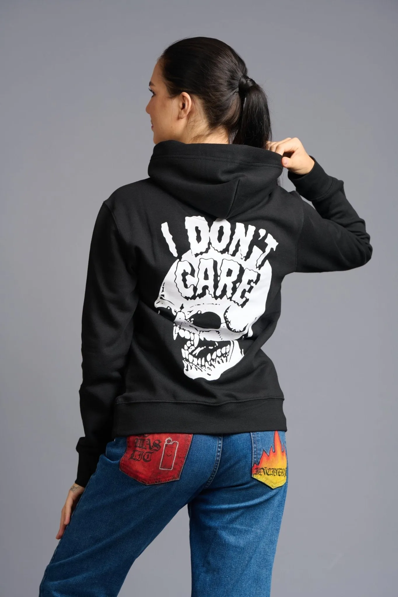 I Don't Care Printed Black Hoodie for Women