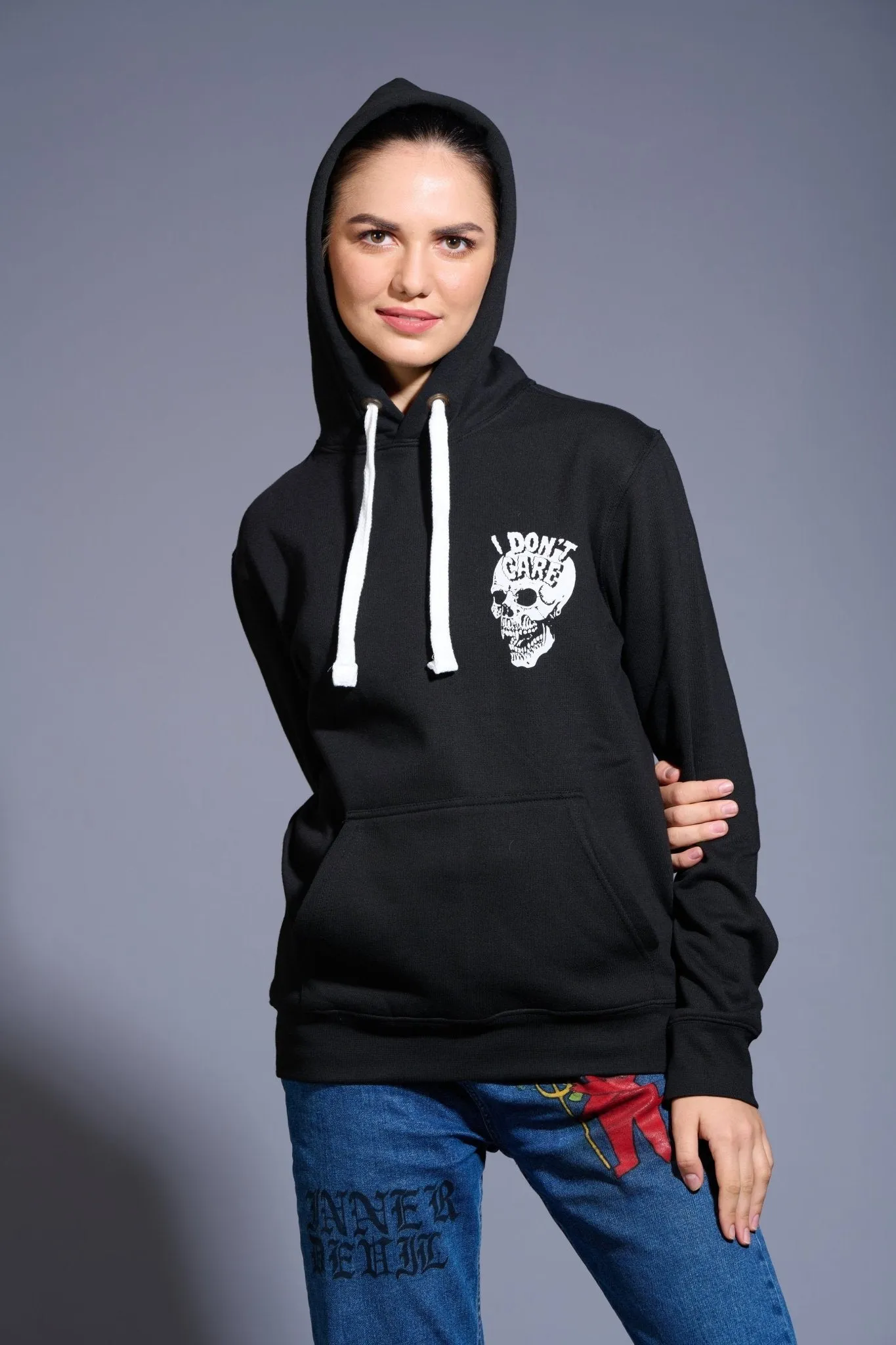 I Don't Care Printed Black Hoodie for Women