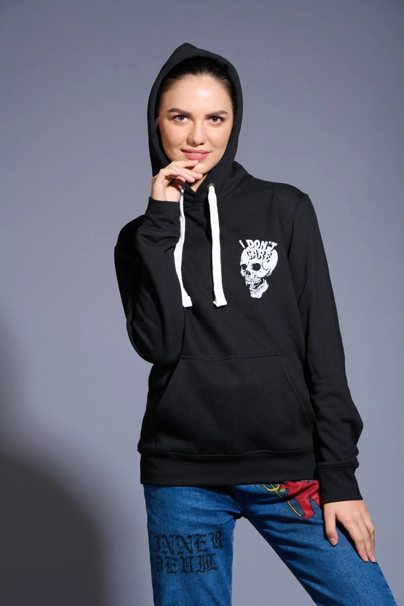 I Don't Care Printed Black Hoodie for Women