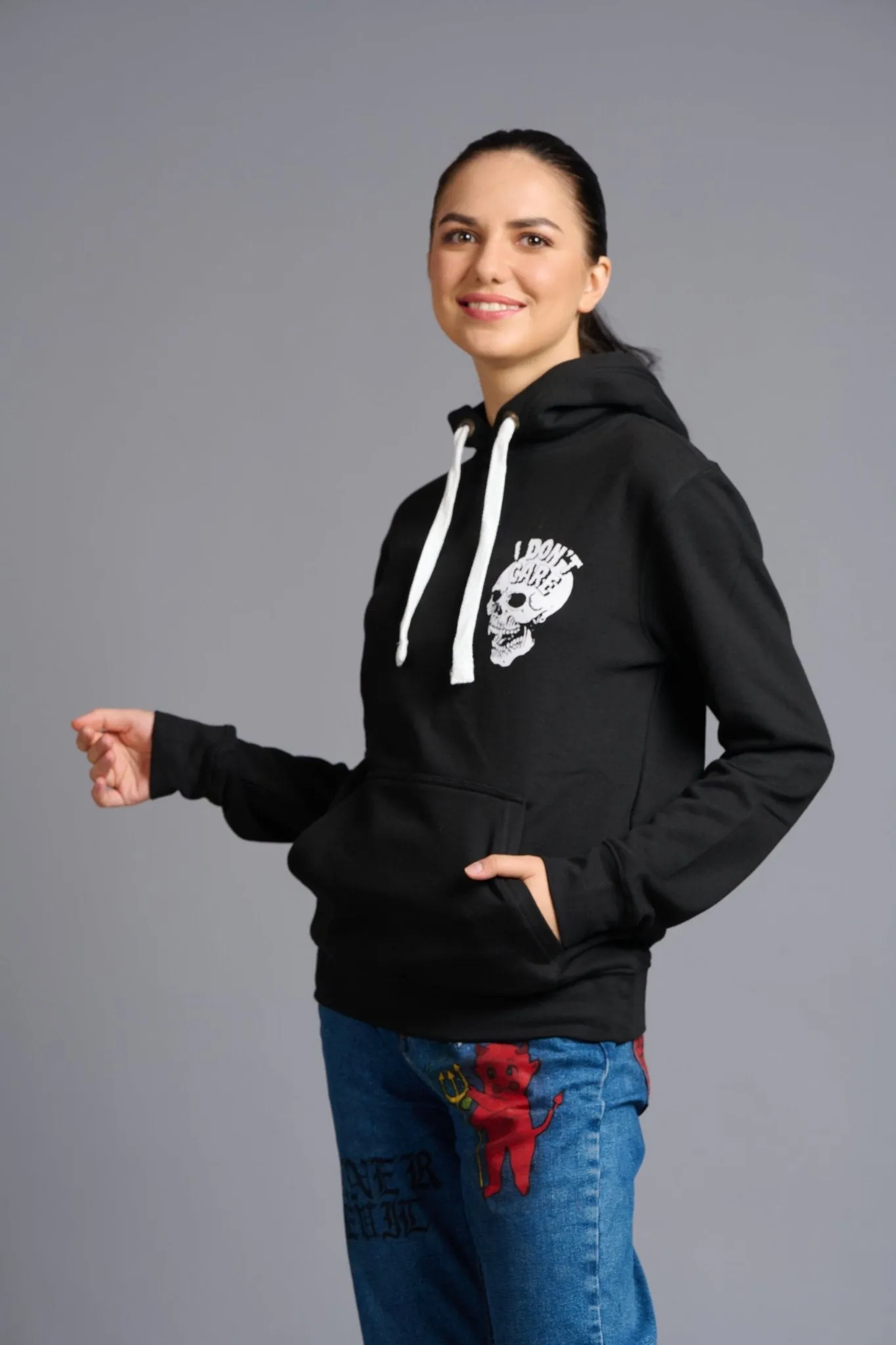 I Don't Care Printed Black Hoodie for Women