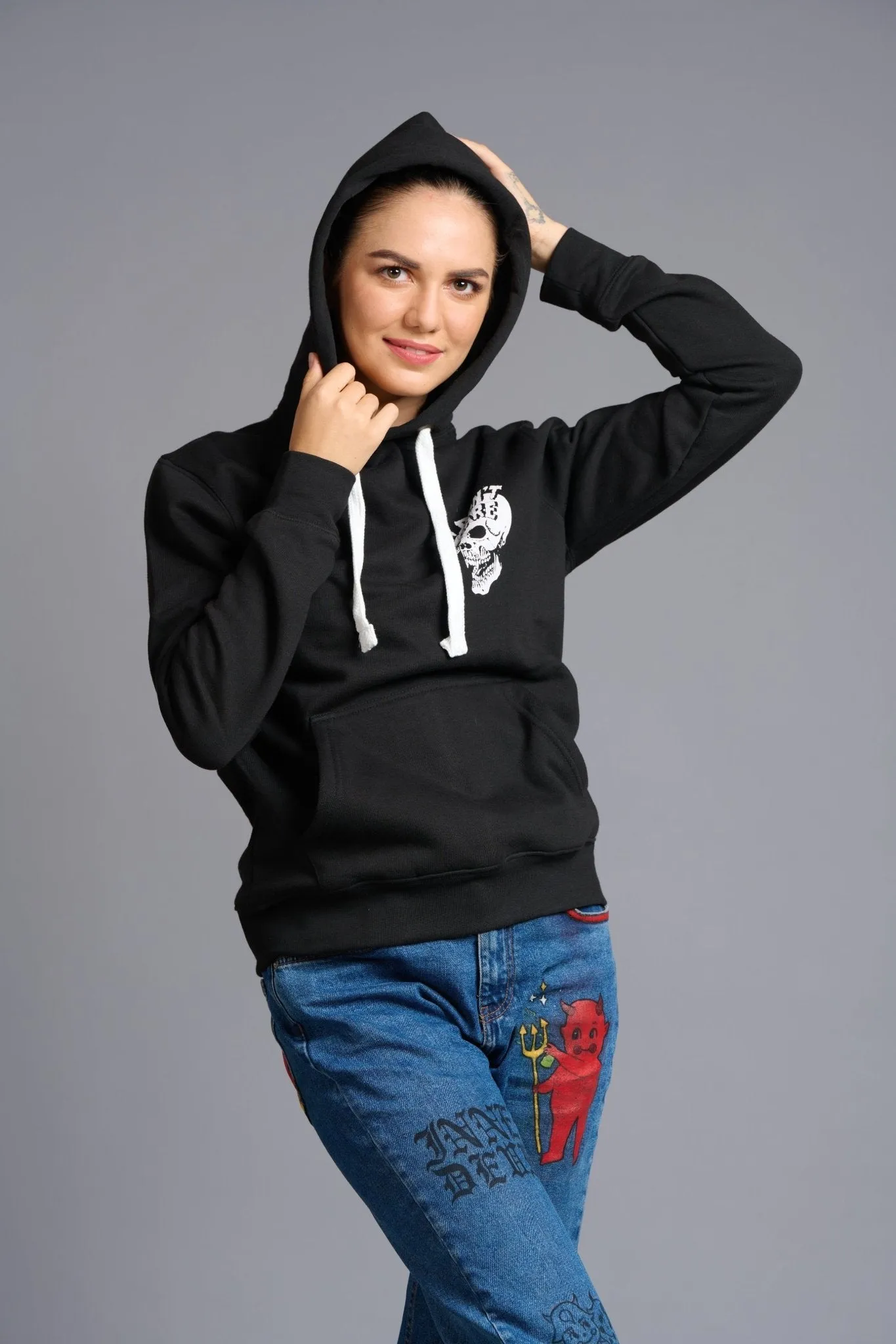 I Don't Care Printed Black Hoodie for Women