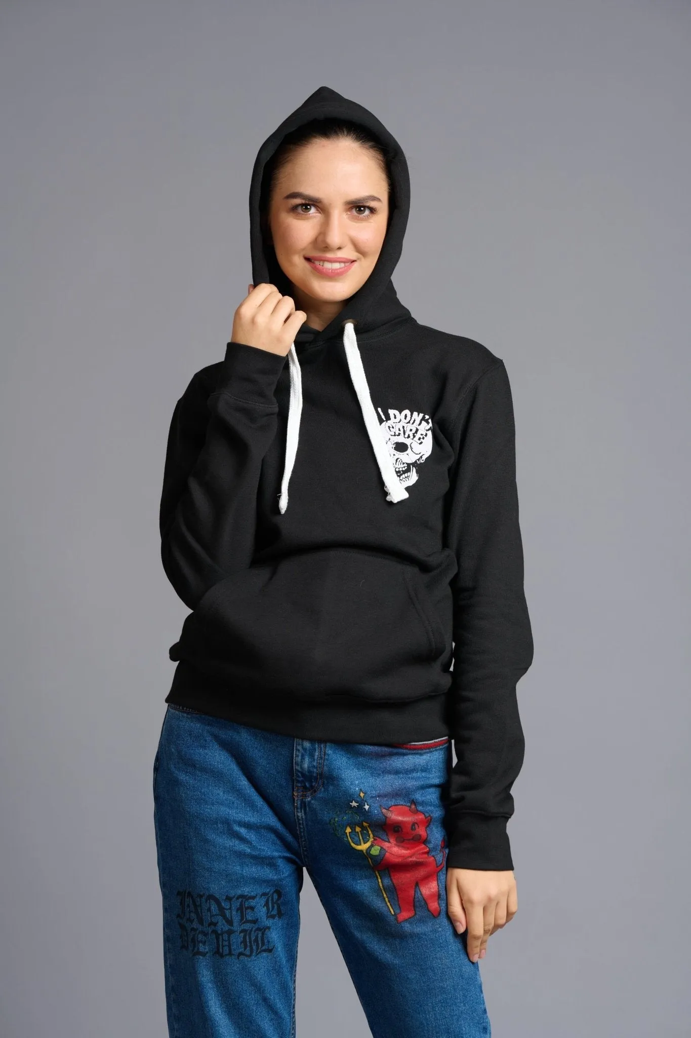 I Don't Care Printed Black Hoodie for Women