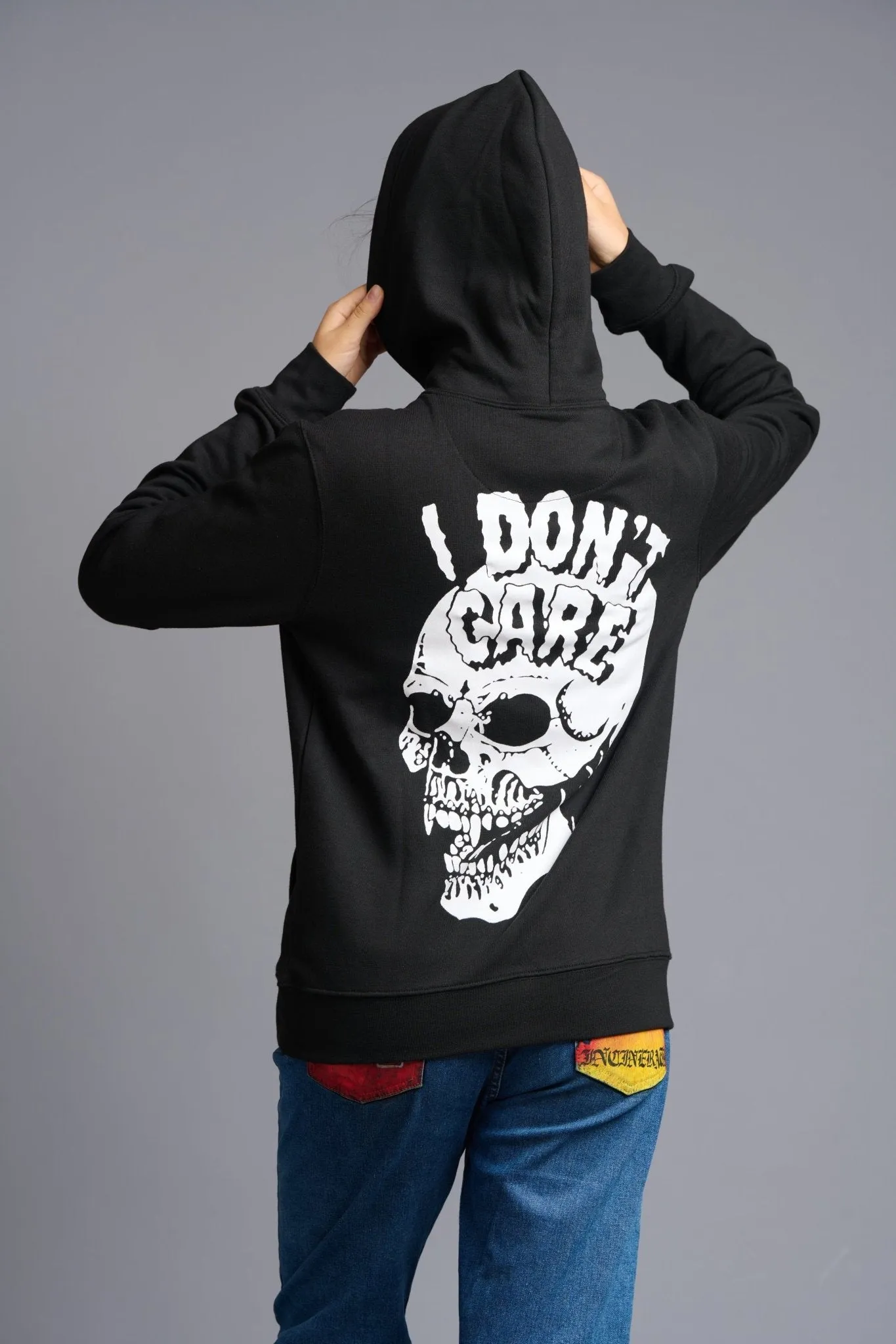 I Don't Care Printed Black Hoodie for Women