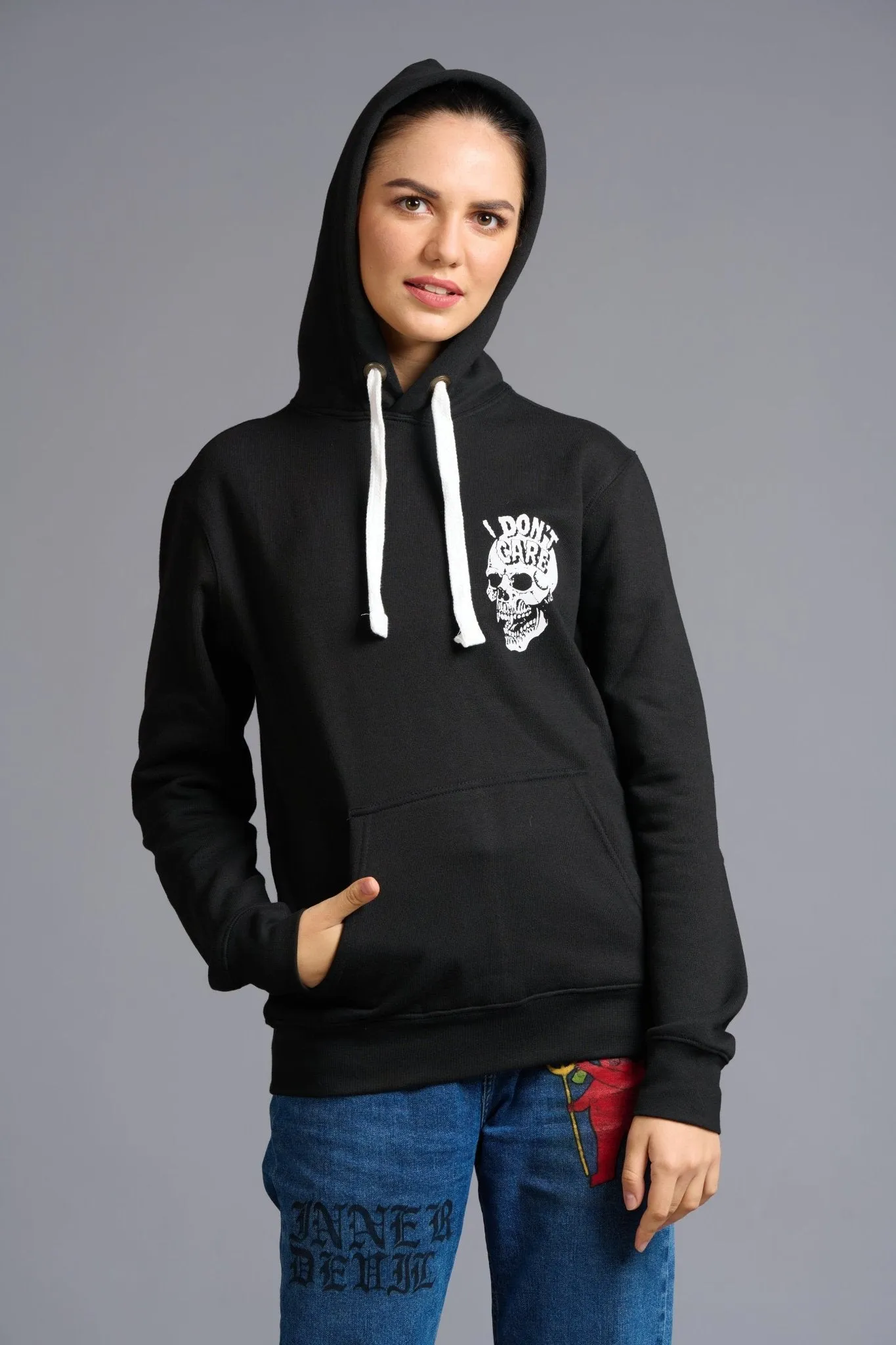 I Don't Care Printed Black Hoodie for Women