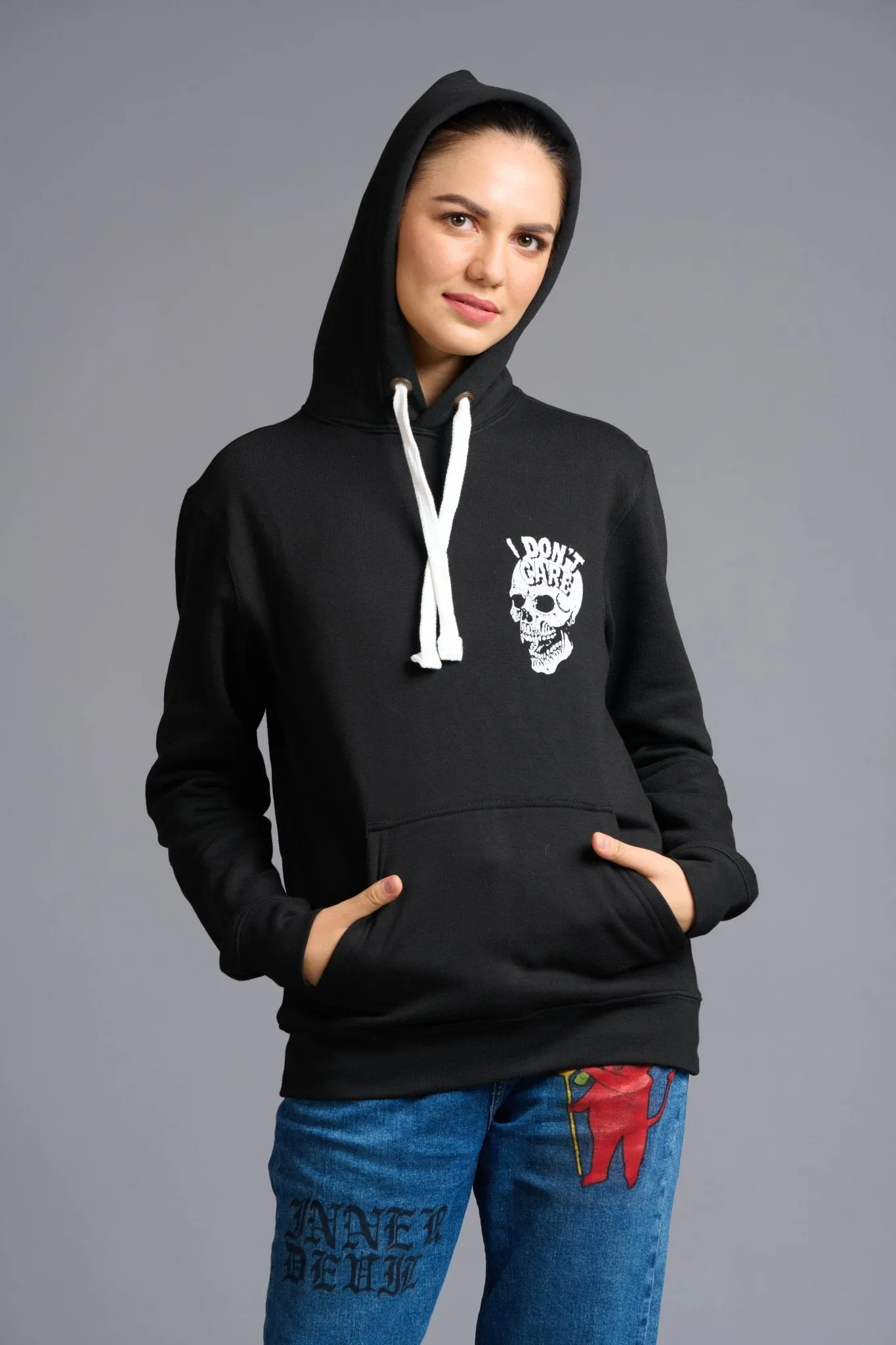 I Don't Care Printed Black Hoodie for Women