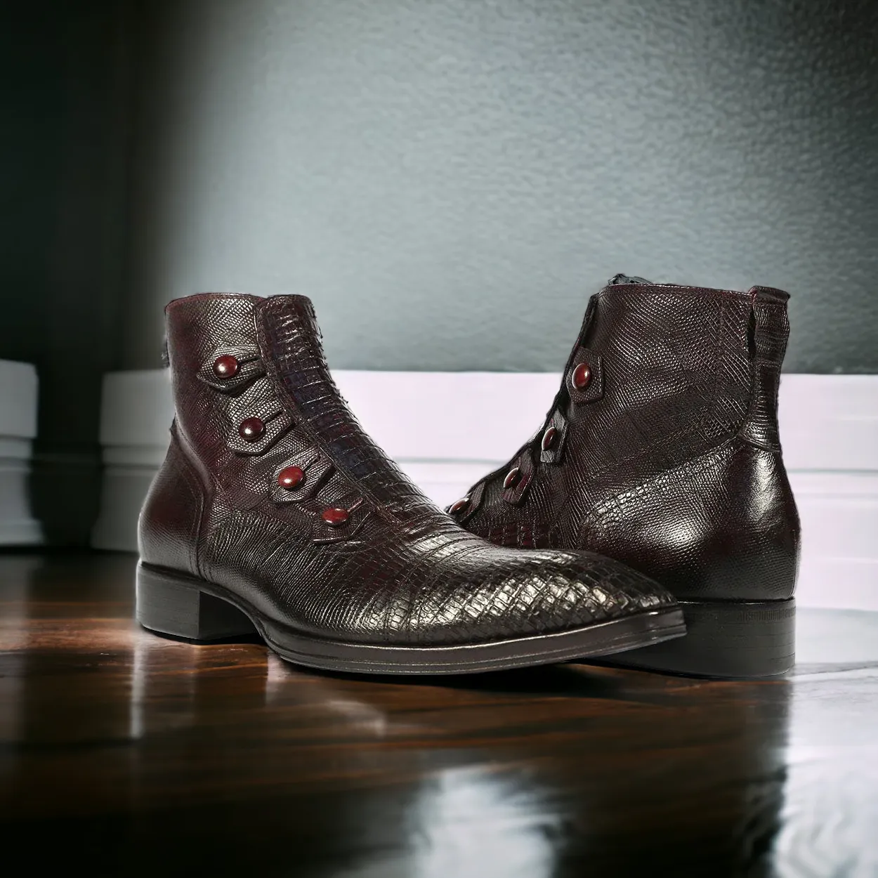 Jo Ghost 2379 Men's Shoes Burgundy Lizard Print / Calf-Skin Leather Boots (JG5254)