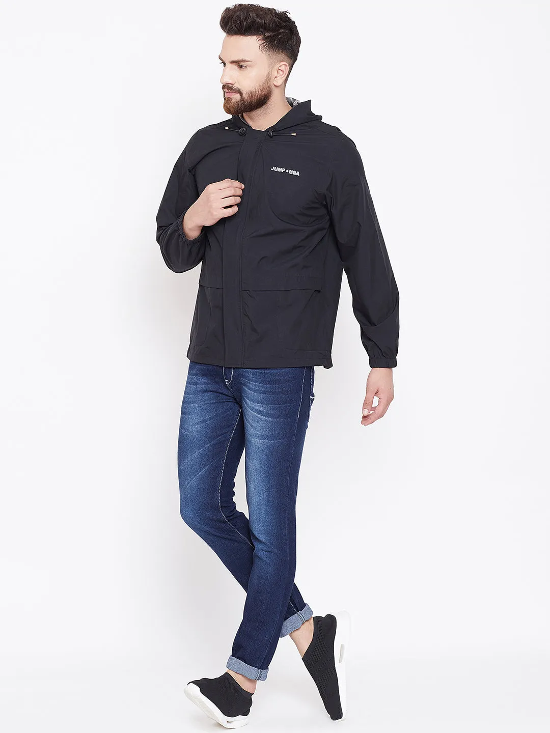 JUMP USA Men Black Hooded Rain Jacket