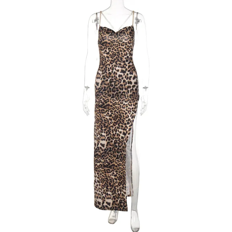 Leopard Print Chain Strap Side Slit Maxi Dress