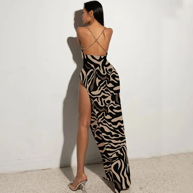 Leopard Print Chain Strap Side Slit Maxi Dress