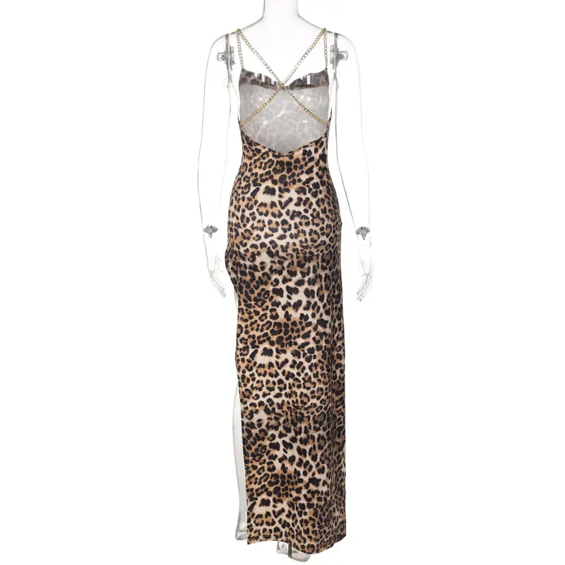 Leopard Print Chain Strap Side Slit Maxi Dress