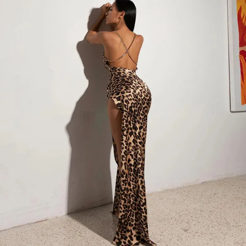 Leopard Print Chain Strap Side Slit Maxi Dress