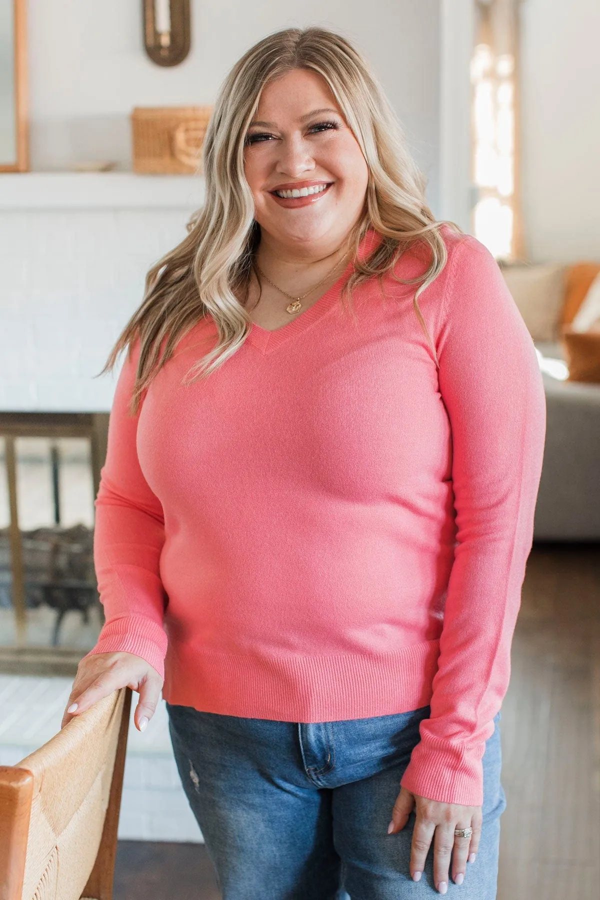 Making Plans V-Neck Sweater- Coral