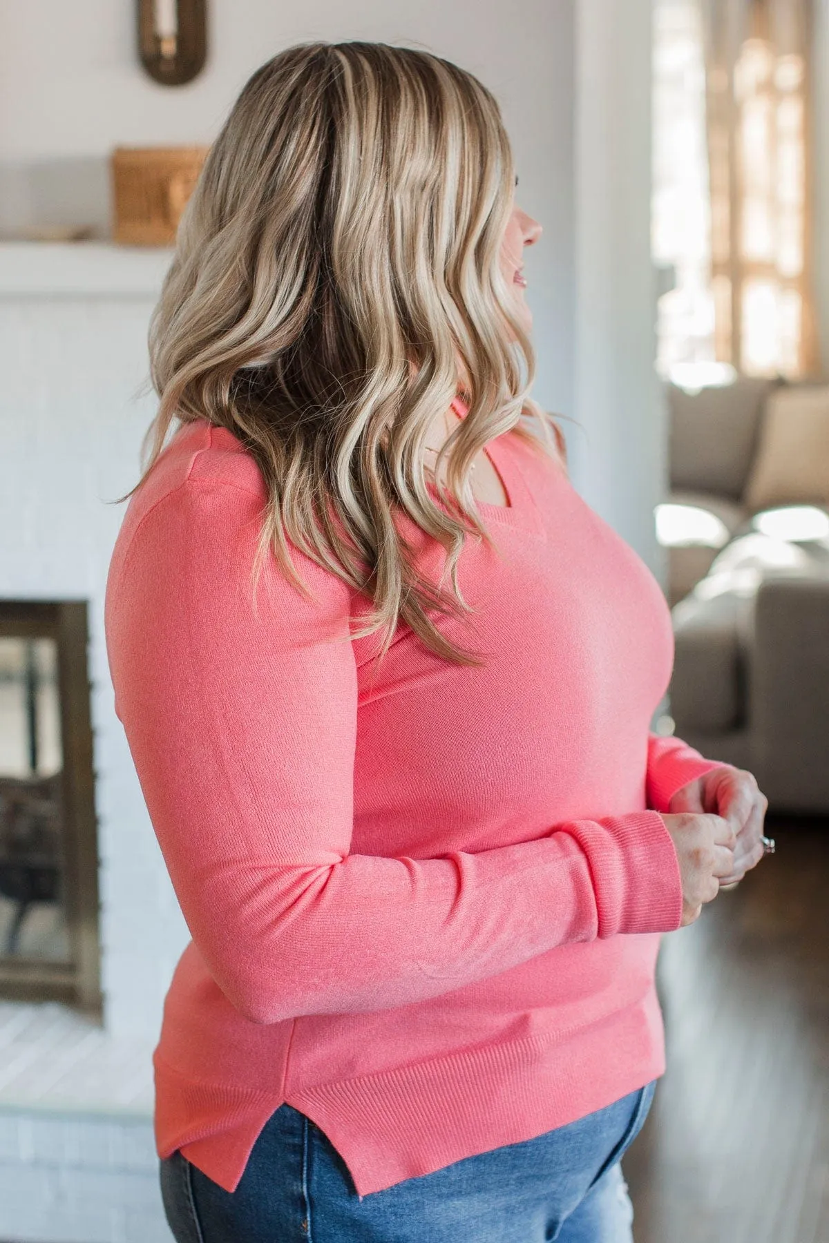 Making Plans V-Neck Sweater- Coral