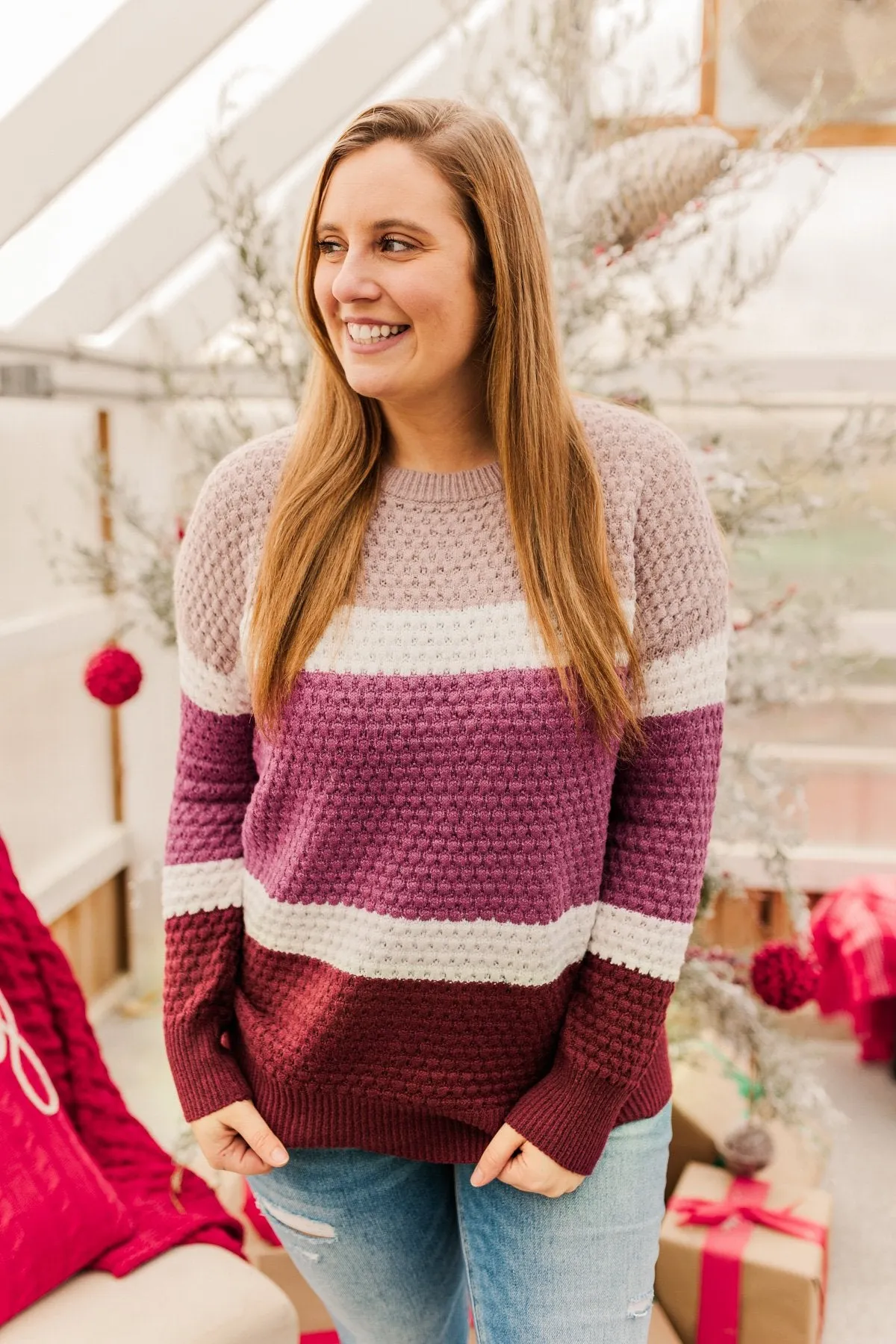 Melting Hearts Color Block Sweater- Magenta