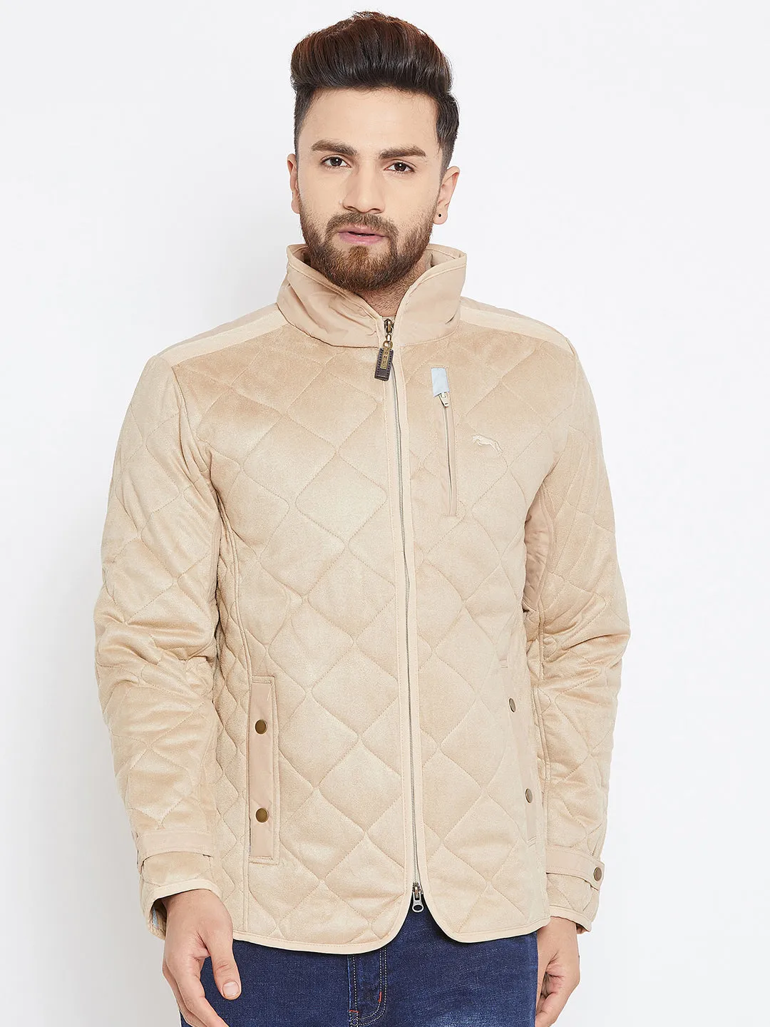 Men Beige Solid Quilted Jacket