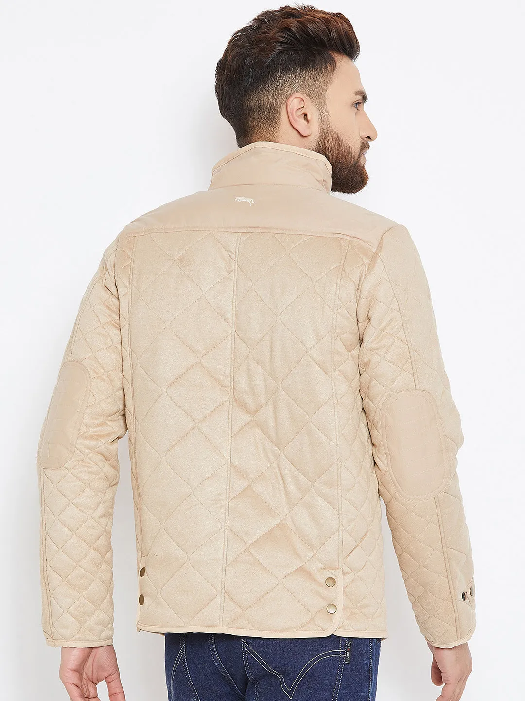 Men Beige Solid Quilted Jacket