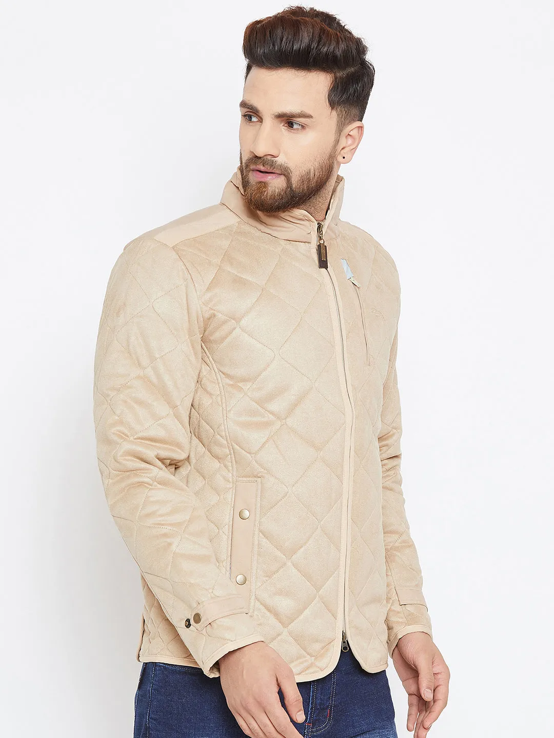 Men Beige Solid Quilted Jacket