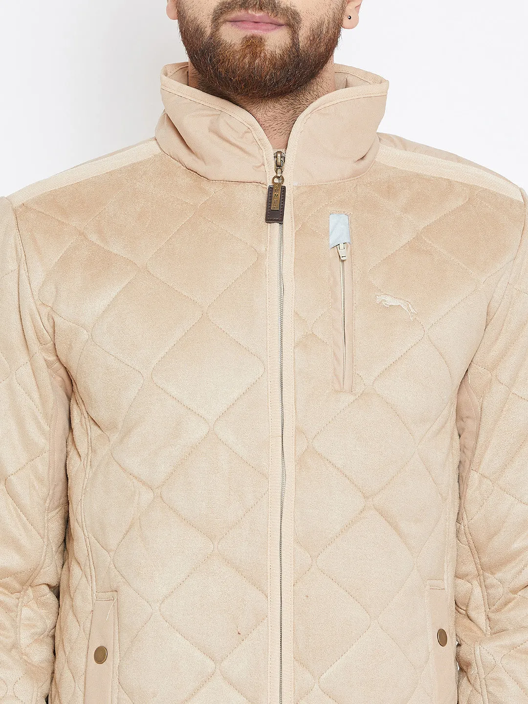 Men Beige Solid Quilted Jacket