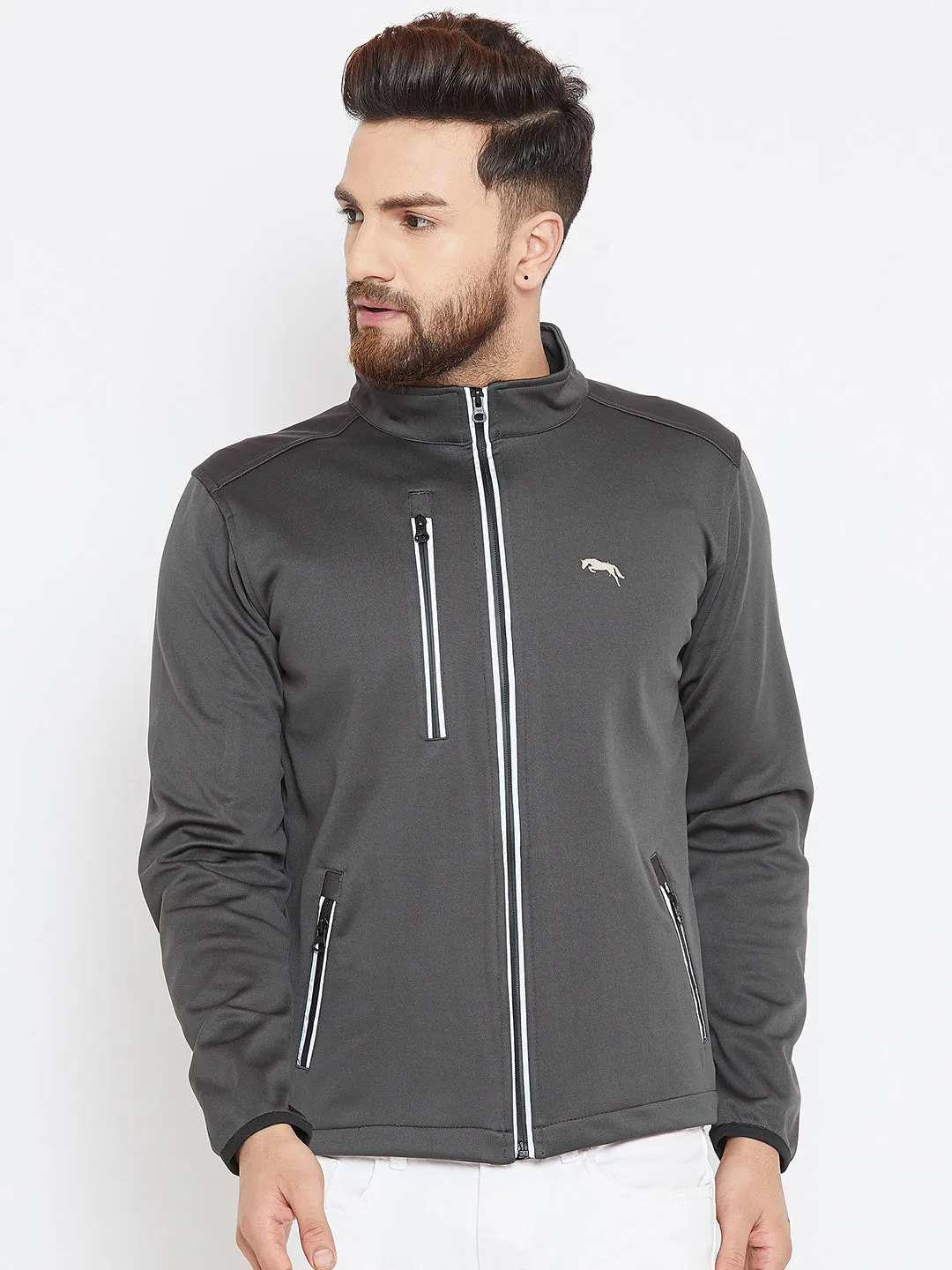 Men Charcoal Solid Sporty Jacket