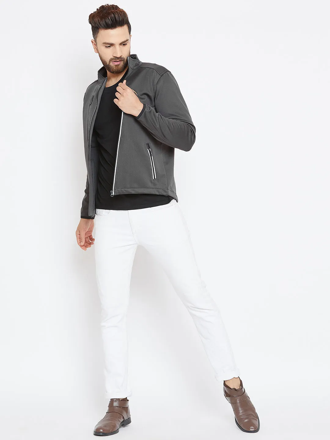 Men Charcoal Solid Sporty Jacket