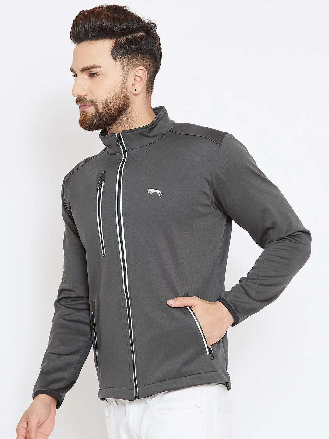 Men Charcoal Solid Sporty Jacket