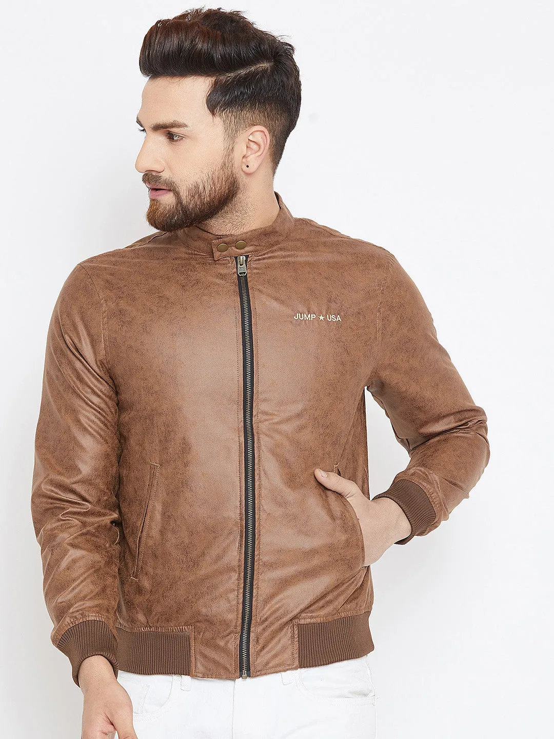 Men Tan Casual Solid Bomber Jacket