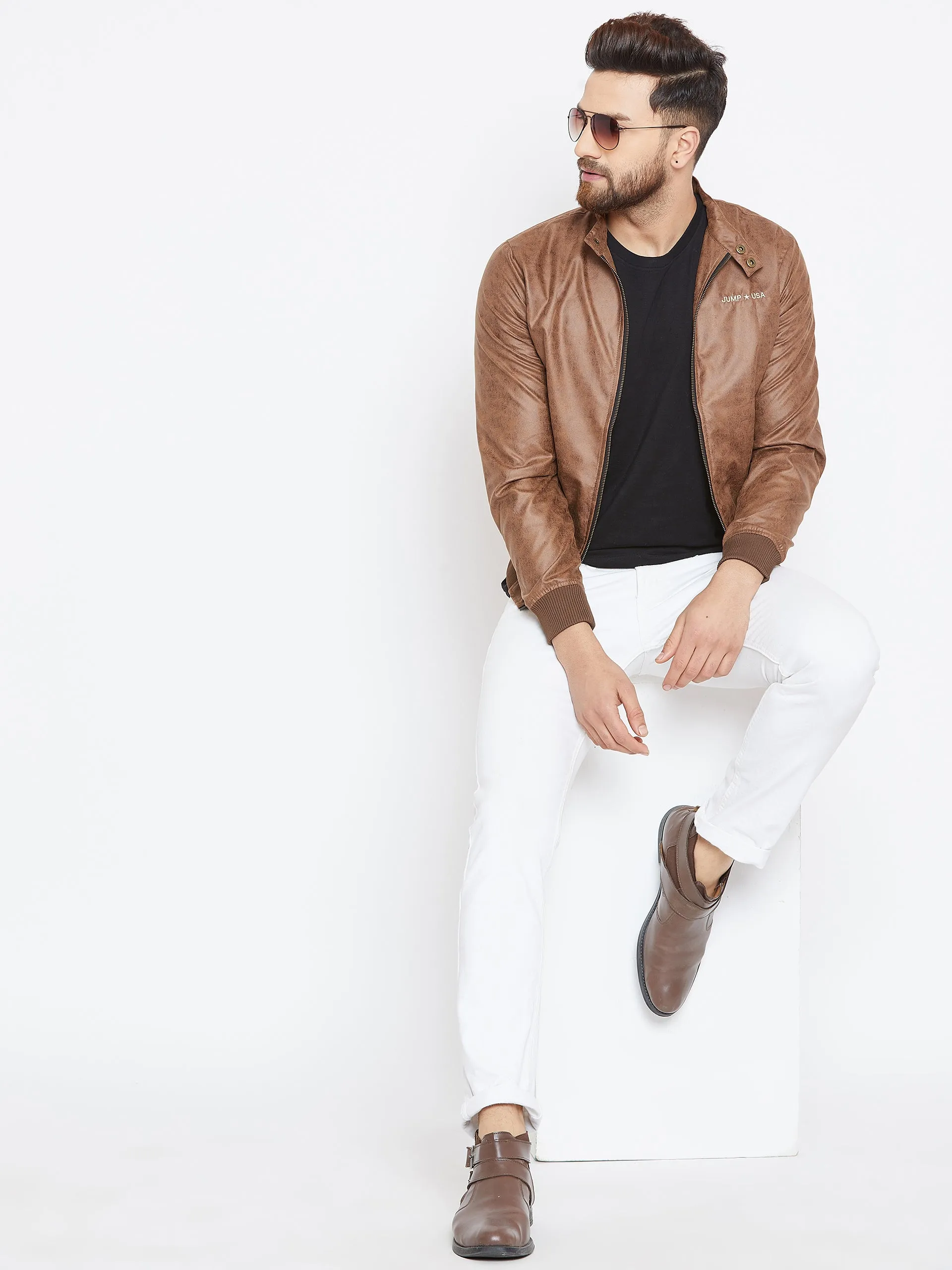 Men Tan Casual Solid Bomber Jacket