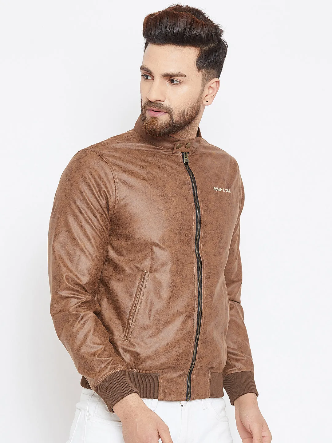 Men Tan Casual Solid Bomber Jacket