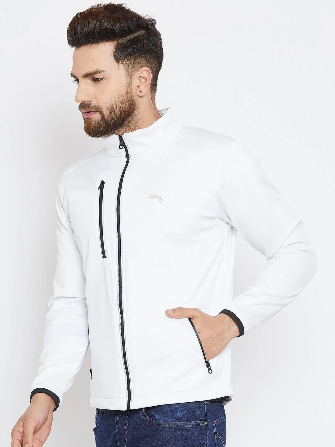 Men White Solid Sporty Jacket