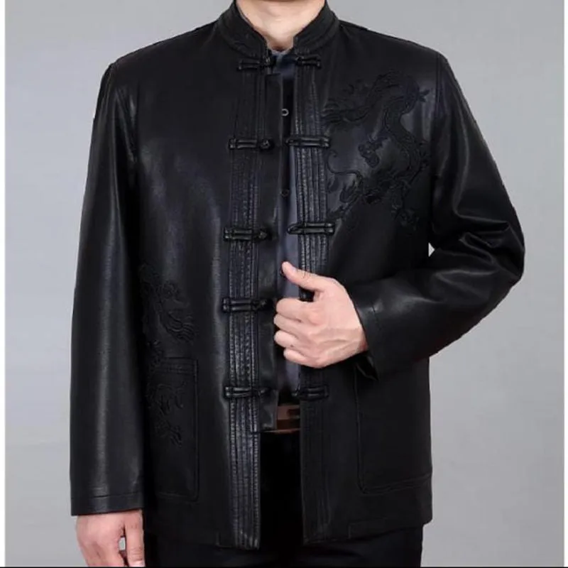 Men's Autumn Winter Leather Full Sleeve No Hooded Embroidery Loose Jacket