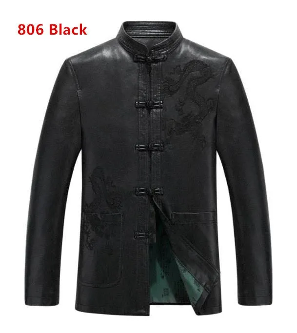 Men's Autumn Winter Leather Full Sleeve No Hooded Embroidery Loose Jacket