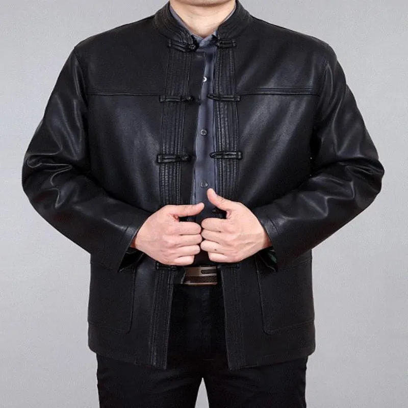 Men's Autumn Winter Leather Full Sleeve No Hooded Embroidery Loose Jacket