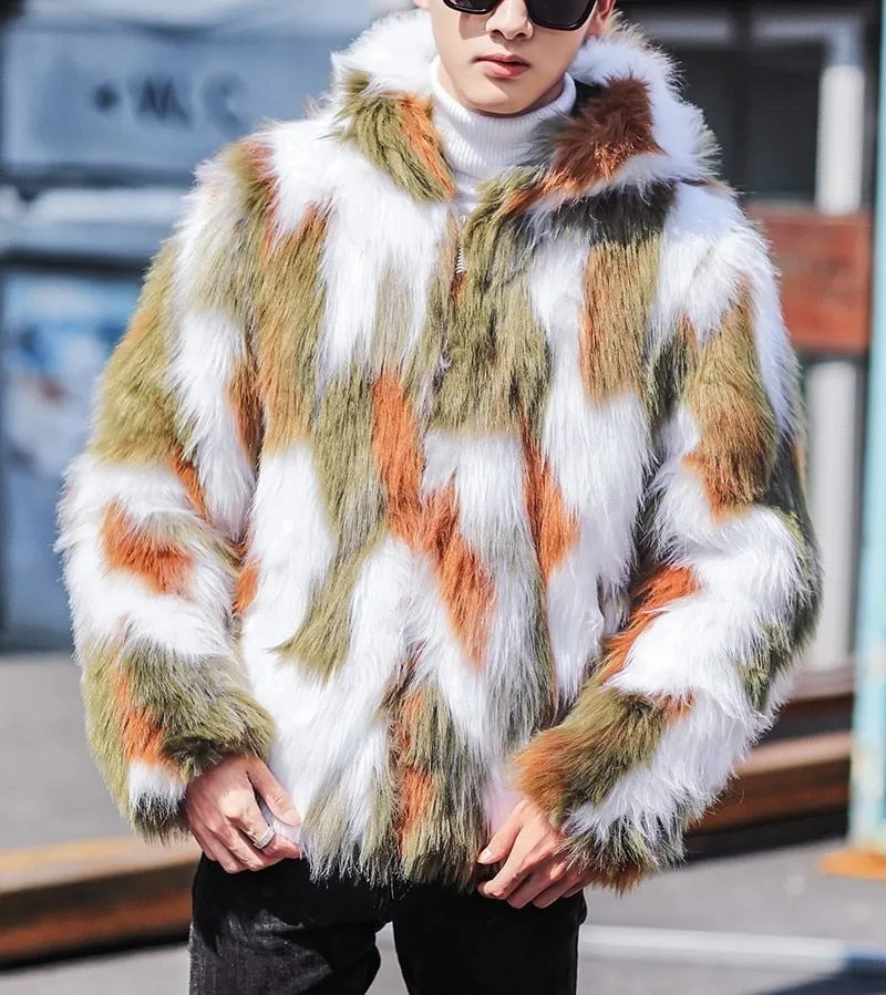 Men's High Street Winter Hooded Oversized Synthetic Fur Parka Jacket