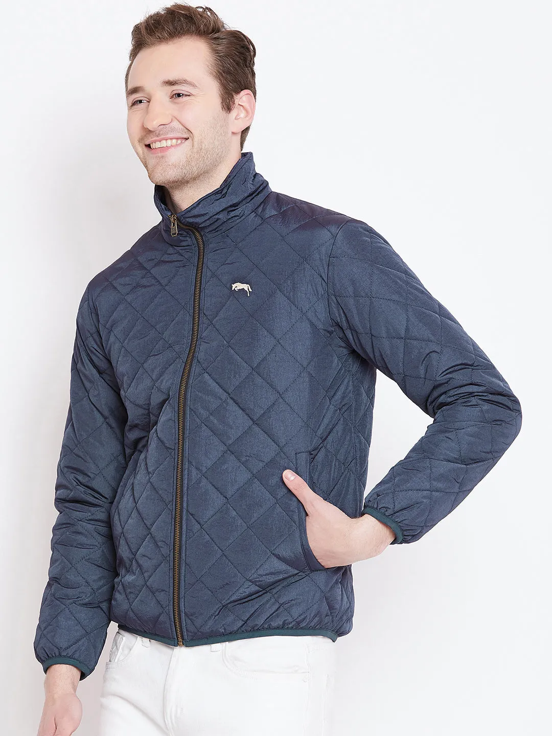 Mens Solid Ec Navy Quilted Jacket