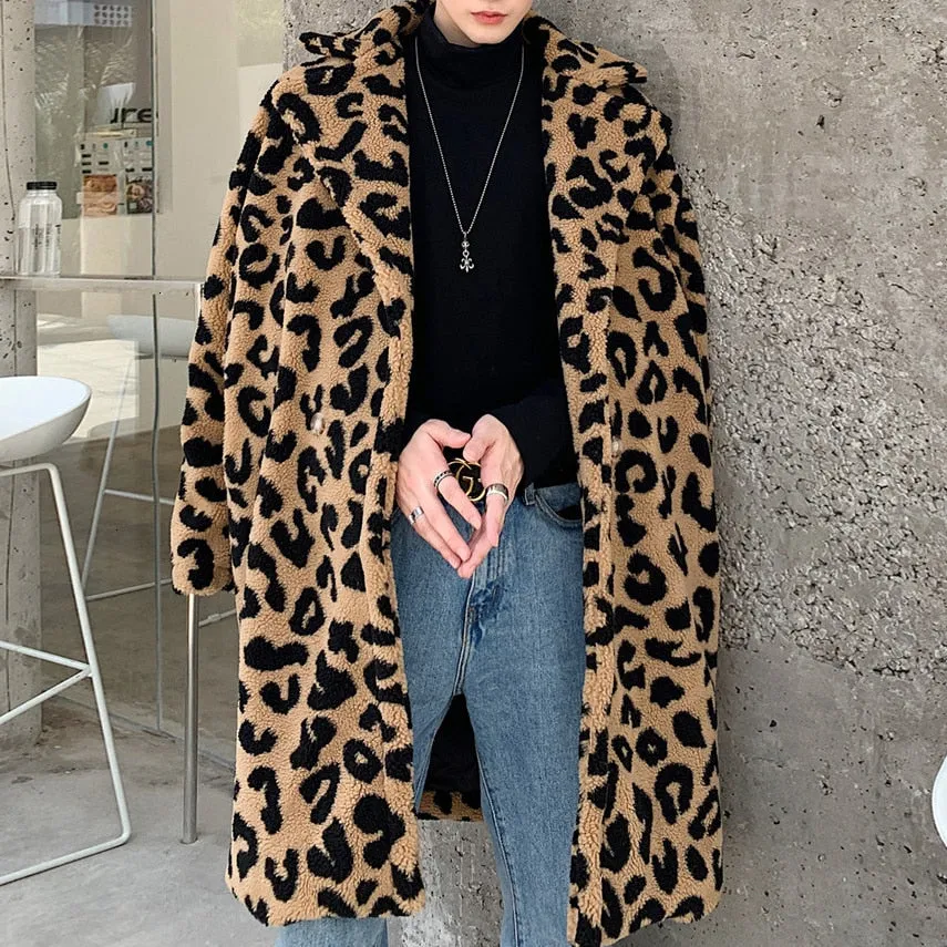 Men's Vintage Leopard Printed Loose Fit Moto Biker Long Trench Jacket