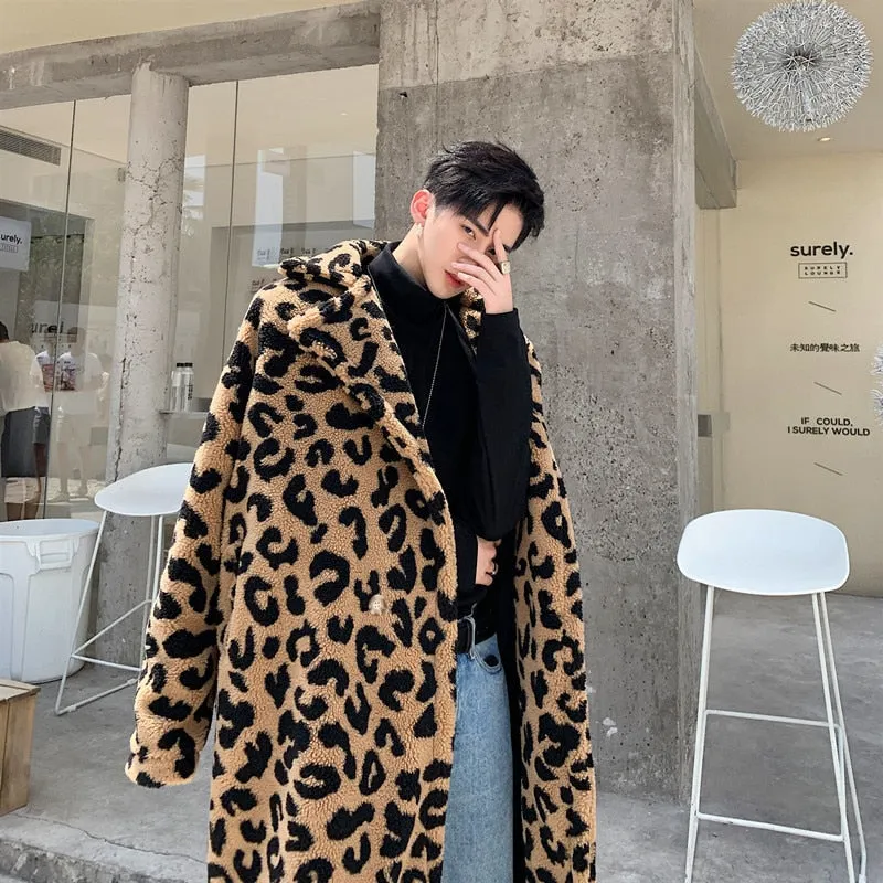 Men's Vintage Leopard Printed Loose Fit Moto Biker Long Trench Jacket