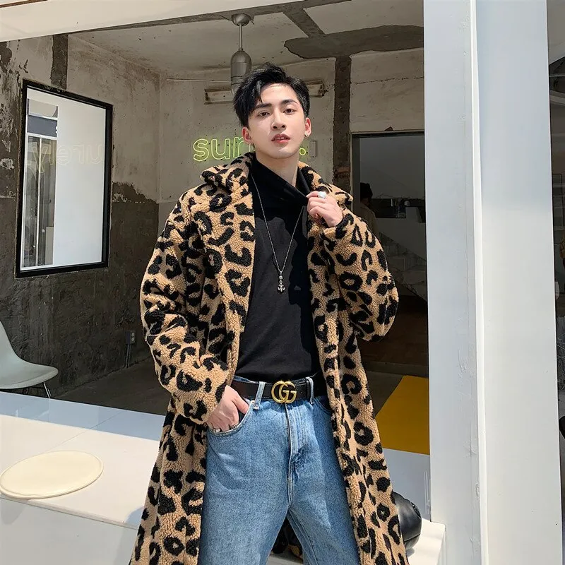 Men's Vintage Leopard Printed Loose Fit Moto Biker Long Trench Jacket