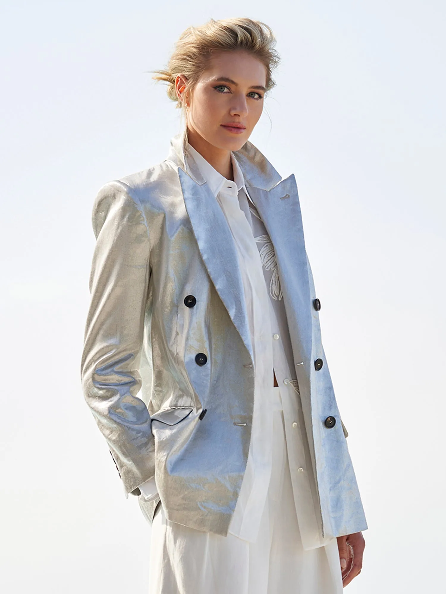 Metallic Linen Double Breasted Blazer