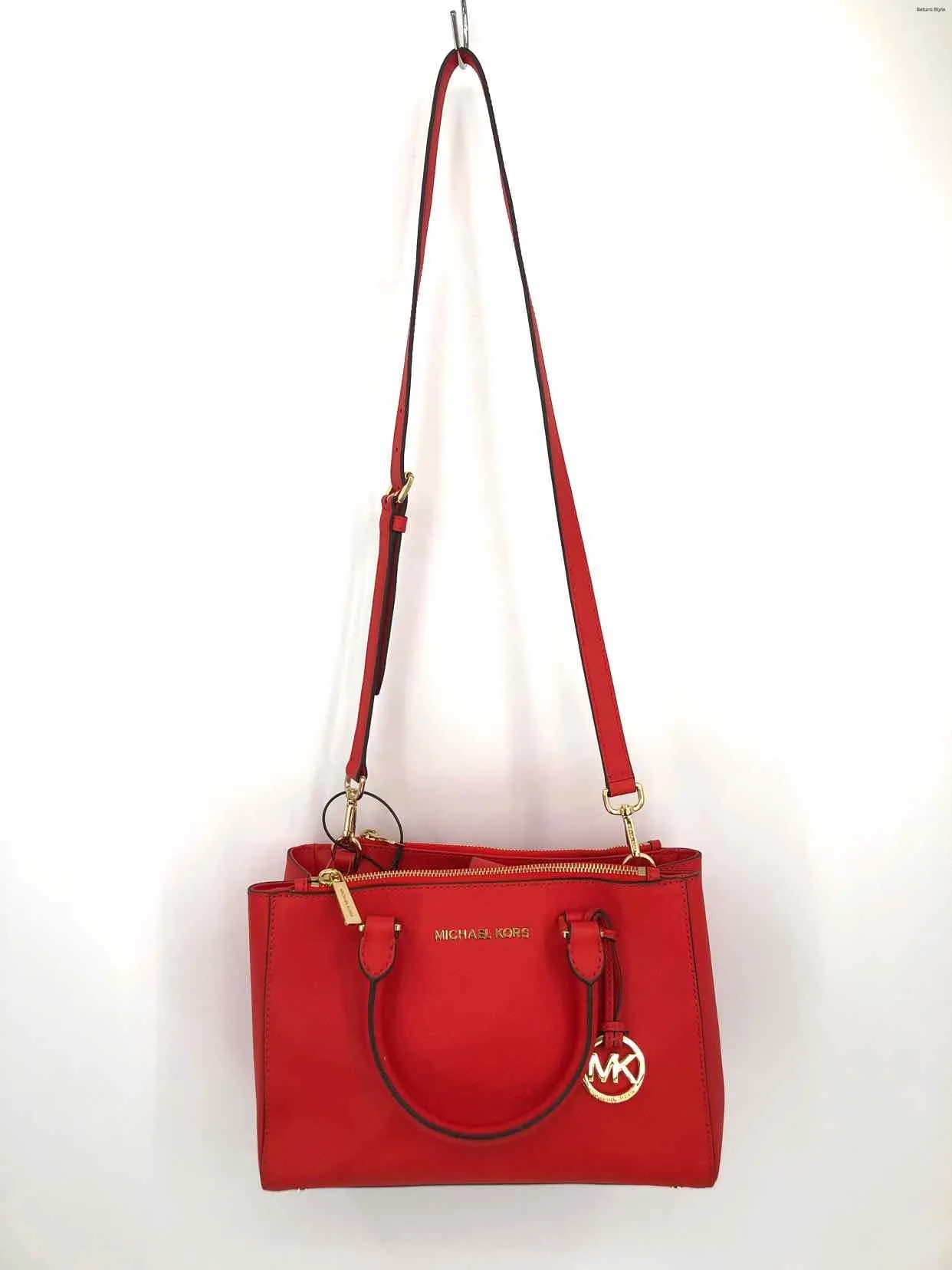 MICHAEL KORS Red Goldtone Leather Pre Loved Satchel Purse