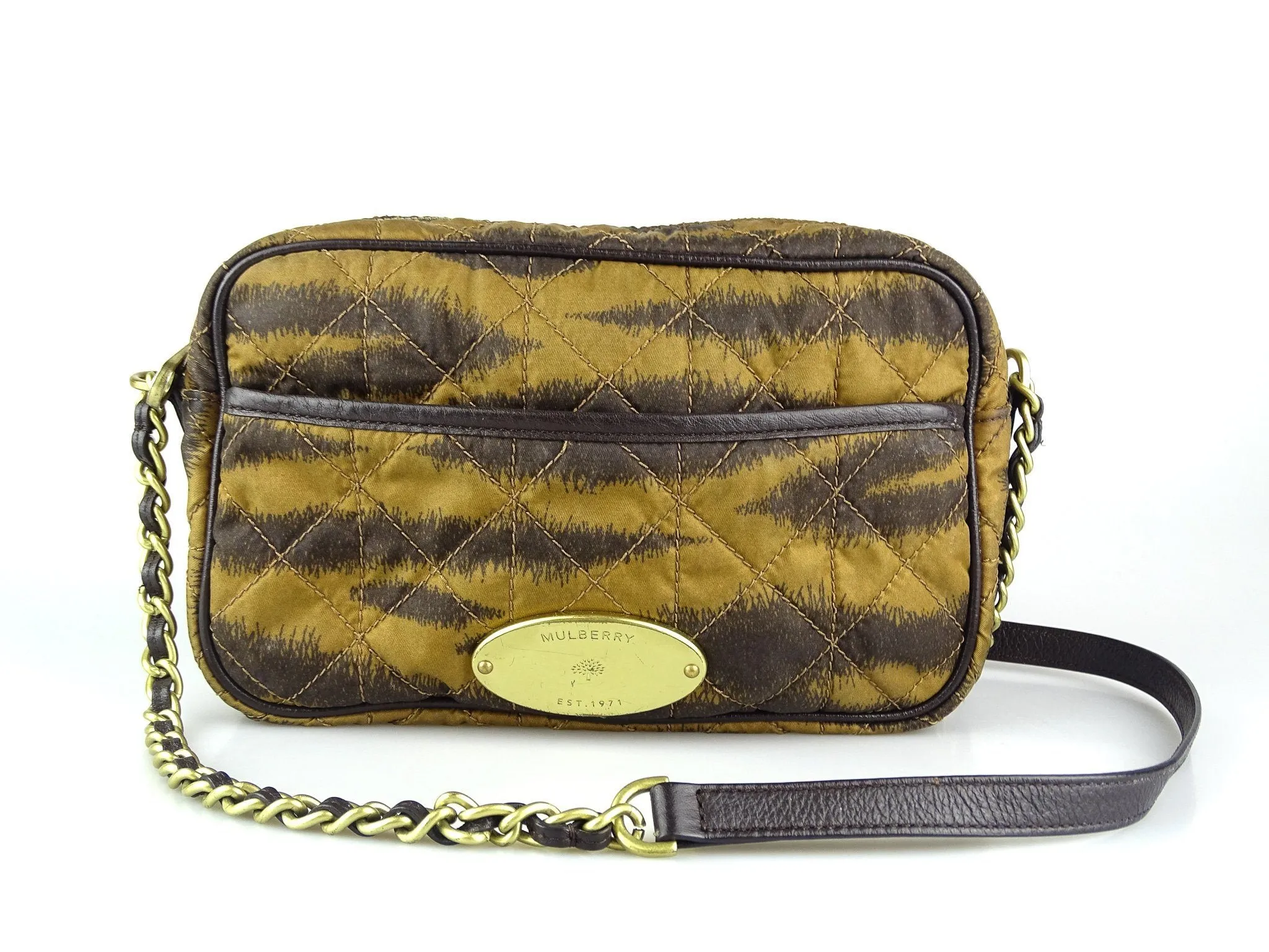 Mulberry Rosie Zipped Satchel Camera Bag in Tiger Print Oak Quilted Nylon & Calfskin