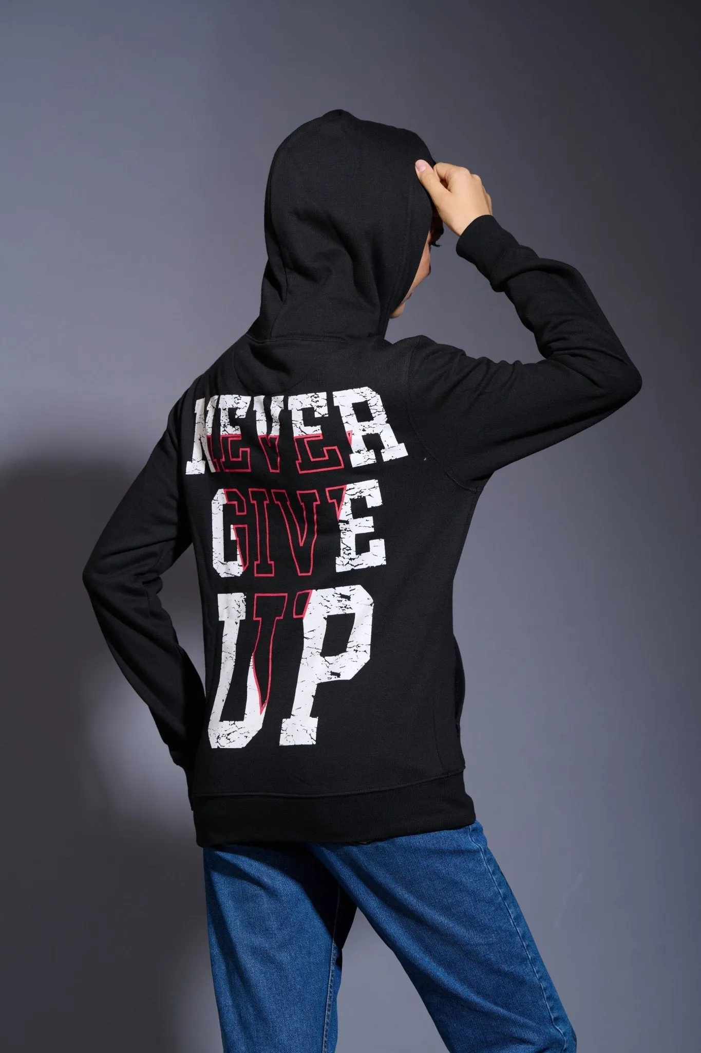 Never Give Up (in Red) Printed Black Hoodie for Women