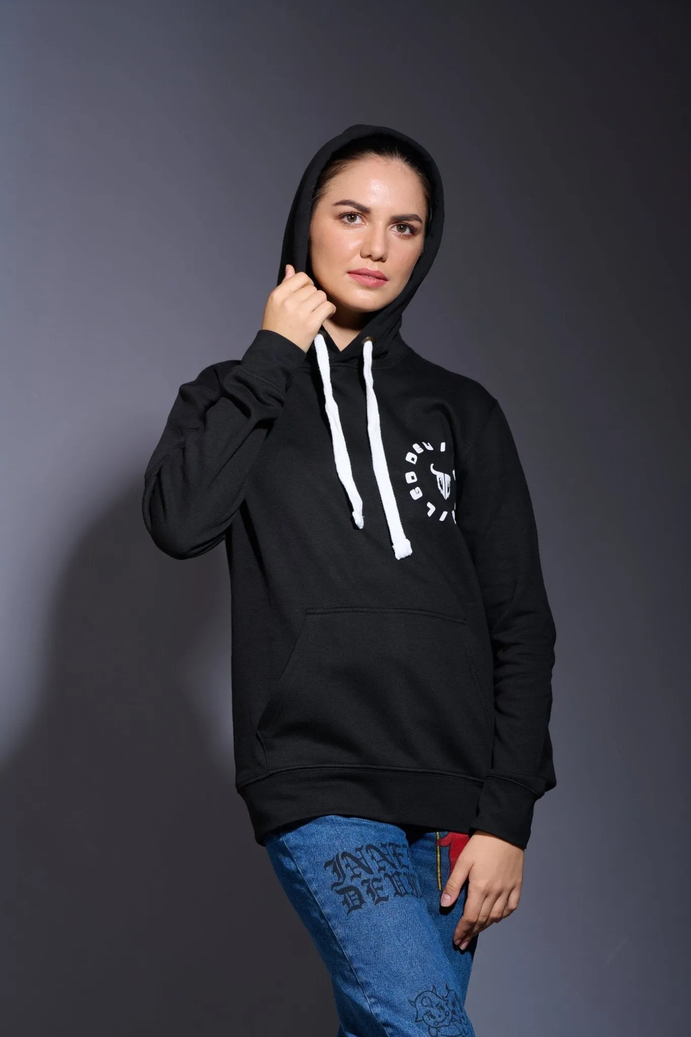 Never Give Up (in Red) Printed Black Hoodie for Women